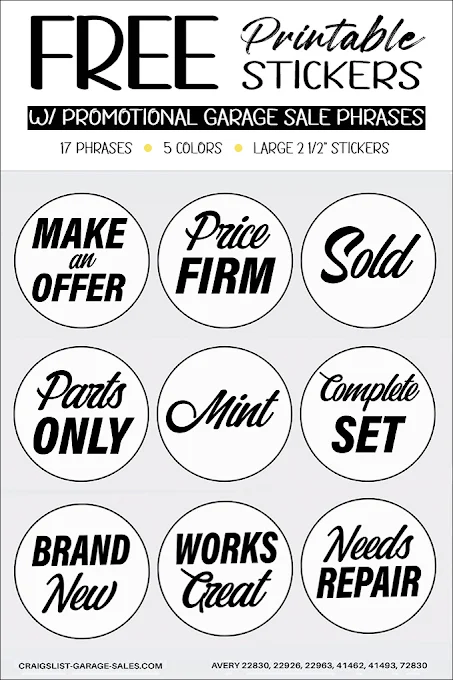 Download free, DIY Garage Sale Promotional Stickers