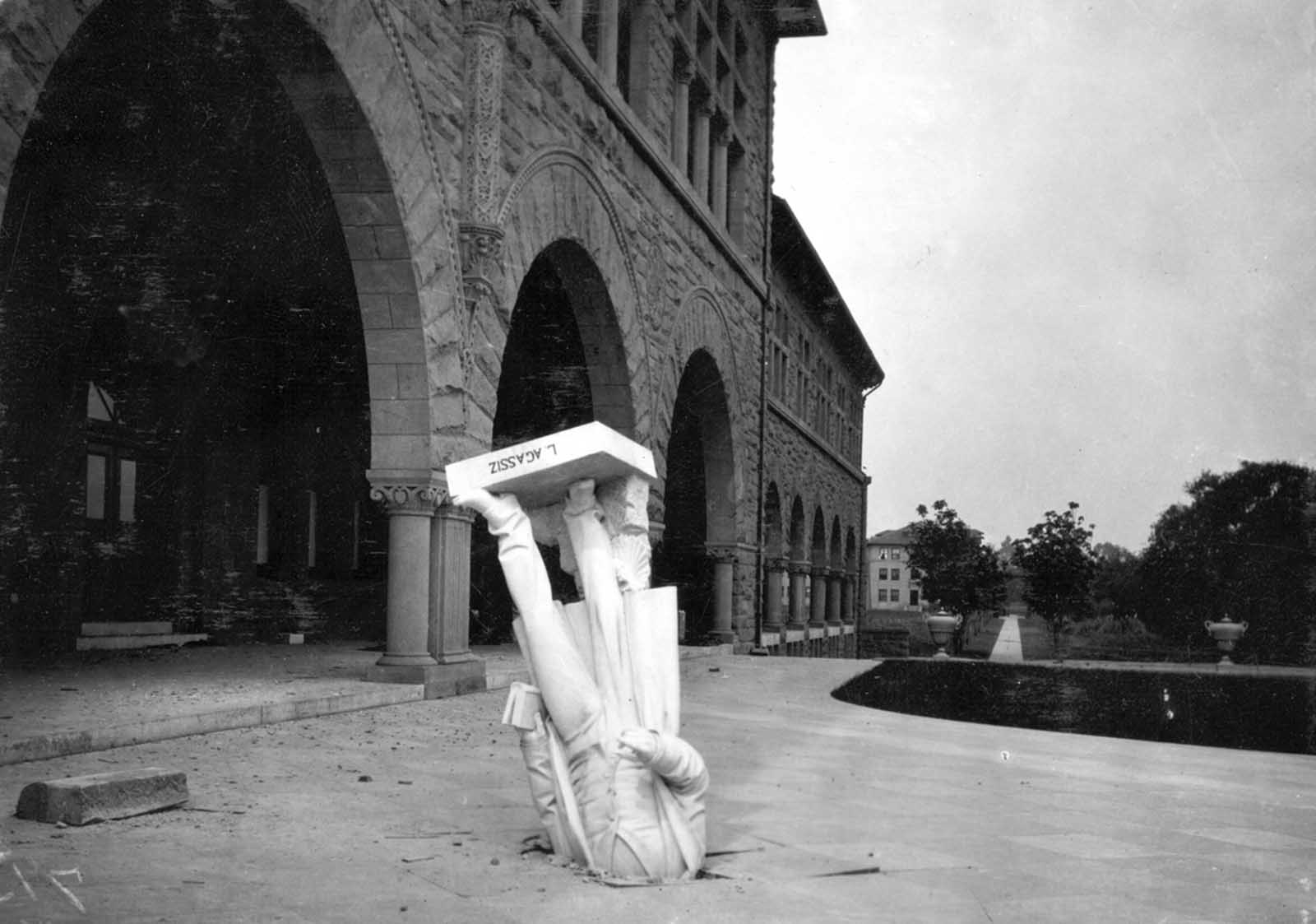 The toppled statue of Jean Louis Rodolphe Agassiz, scientist and scholar, knocked from the facade of Stanford University's zoology building in April of 1906.