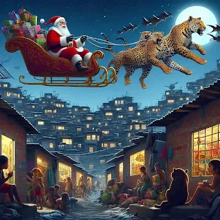 A fantasy illustration of Santa Claus in his sleigh pulled by jaguars instead of reindeer, flying over a Brazilian favela where children wait for their presents, with a contrast between the poverty and the joy, at night.