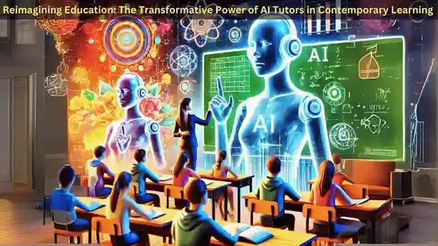 Holographic AI instructors lead students via individualized instruction in a futuristic classroom. Virtual reality headsets and digital charts are among the scene's components, while the AI figures are glowing humanoids with digital interfaces. The picture symbolizes how AI and humans work together in contemporary schooling.