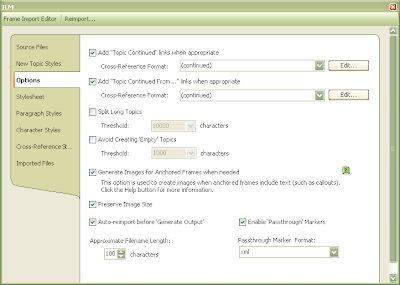 Options page of the Frame Import Editor window