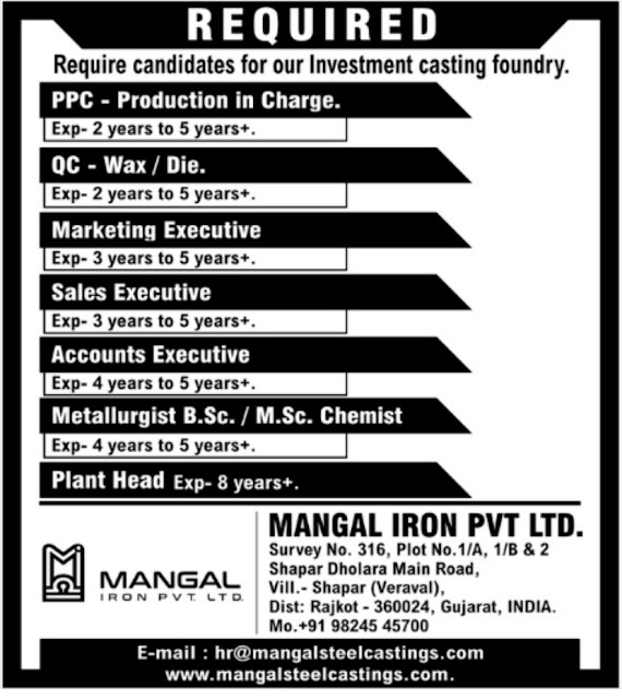 Mangal IRON Jobs for BE mechanical , QC, ,Plant Head,Accounts