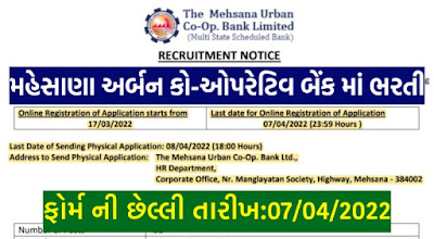 Mahesana Urban Co-Op. Bank Ltd Recruitment 2022