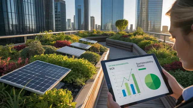A photograph of a vibrant green rooftop garden showcasing a variety of plants and solar panels. The garden is built atop a modern city building, with a winding pathway leading to a comfortable bench where a person is thoughtfully reviewing a tablet displaying graphs labeled "ROI" and "Sustainability Goals" alongside the words "Explore Green Infrastructure." Surrounding the garden are sleek, glass skyscrapers bathed in the soft glow of a late afternoon sun, creating a sense of urban harmony and eco-conscious innovation. The image captures the beauty and potential of a cleaner, smarter future.