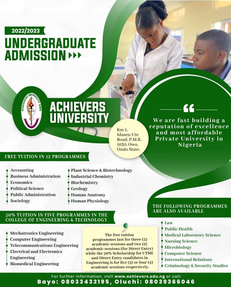 Achievers University (AUO) Post-UTME & DE Form 2022/2023