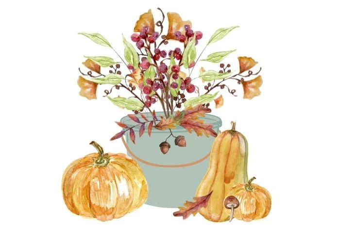 watercolor fall printable a vintage blue bucket filled with Fall leaves