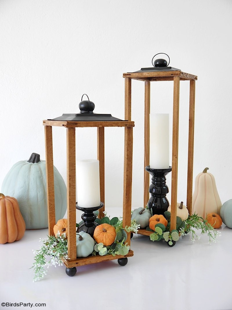 Easy DIY Modern Farmhouse Wood Lanterns - quick and easy to make high-end large lanterns made on a budget. Ideal to decorate your home for any season! by BirdsParty.com  @BirdsParty #diy #homedecor #farmhouse #farmhousedecor #farmhouselanterns #modernfarmhouse #diylanterns #woodlanterns #magnoliahome #diyhomedecor