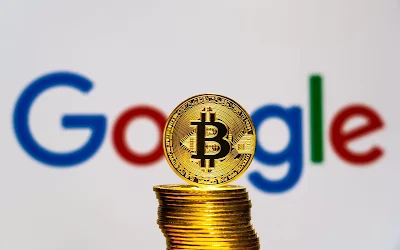 A visual representation of the merging worlds of traditional finance and cryptocurrency, symbolized by the Google logo, the Bitcoin logo, and a stock market chart, reflecting the potential impact of Google's openness to Bitcoin ETF ads.