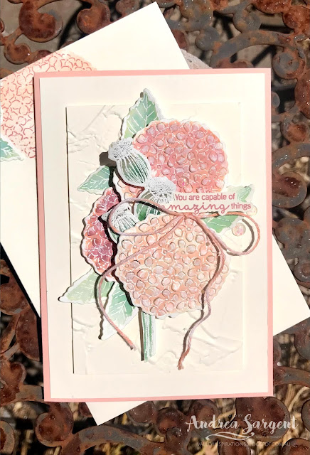 A card showcasing Petal Pink and using water-colouring featuring Stampin' Up!s Hydrangea Haven and Enjoy the Moment stamps.