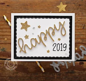 Sunny Studio Stamps: Fancy Frames Rectangles Happy Word Die Loopy Letter Dies Glittery Gold and Black New Year's Card by Vanessa Menhorn