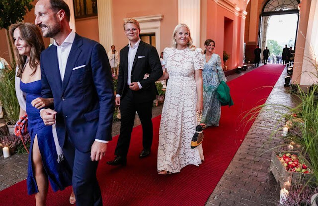 Princess Mette-Marit wore a tulle gown by The Vampire's Wife. Ingrid Alexandra in Reformation linen dress. Hale Bob chiffon dress