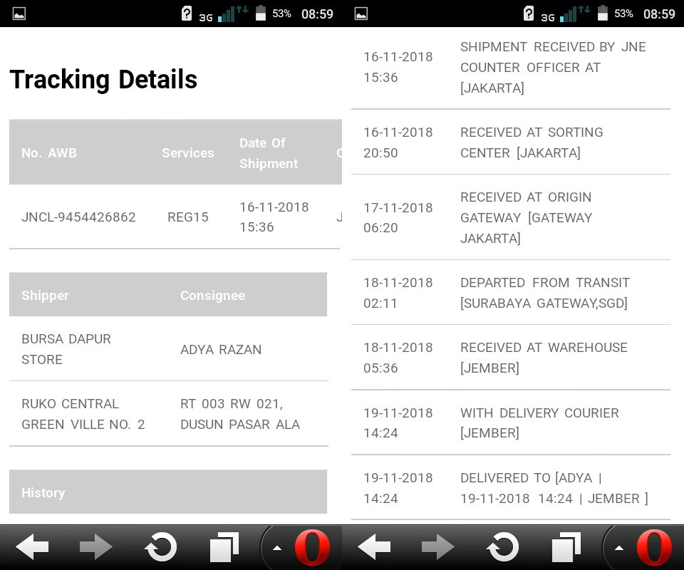 gambar hasil tracking resi JNE