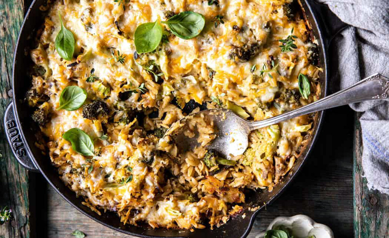 One-Skillet Cheesy Broccoli Cheddar Orzo Bake