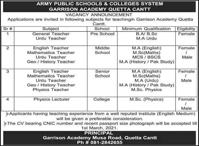 Latest Jobs in Pakistan Army Public School and College Quetta Jobs 2021
