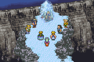 The party gathers around the Frozen Esper after the Battle of Narshe, a pivotal moment in Final Fantasy VI.