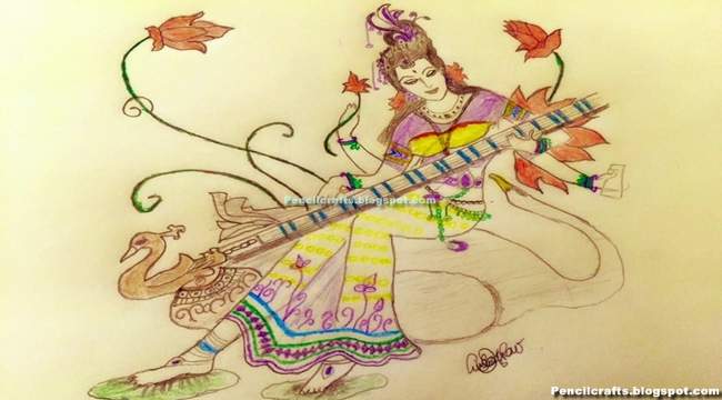 New Saraswati Devi Colored Pencil Drawings