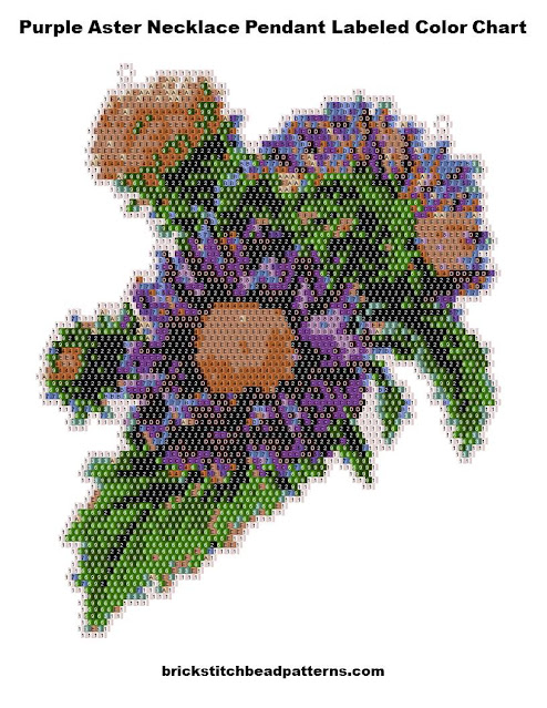 Free Purple Aster Necklace Pendant Brick Stitch Seed Bead Pattern Labeled Color Chart