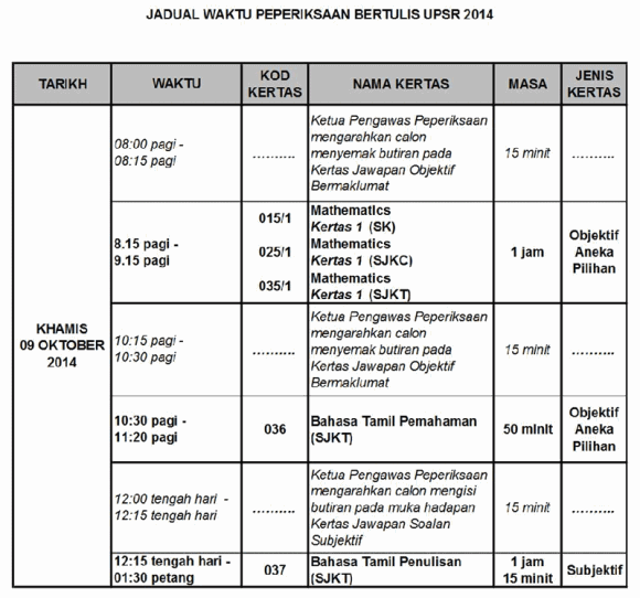 Jadual Waktu Matematik dan Bahasa Tamil Peperiksaan UPSR 2014
