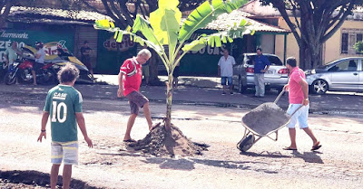 Cansados de esperar, moradores de Tianguá tapam buracos com bananeiras