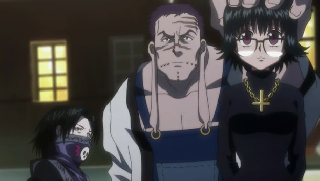 Short guy Feitan wearing skull face mask giant frankenstein looking Franklin holding Shizuku's head