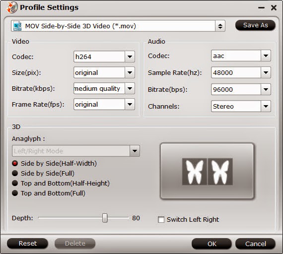 3D SBS MOV video settings