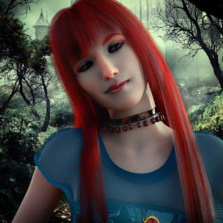 Urban Fantasy Novel, Redhead female smirking as she stands within a dark forest with a castle in the background