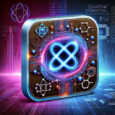 Futuristic illustration of quantum computing, featuring a glowing quantum circuit board with entangled qubits, vibrant neon colors in shades of blue and purple, and abstract digital elements symbolizing advanced technology and innovation.