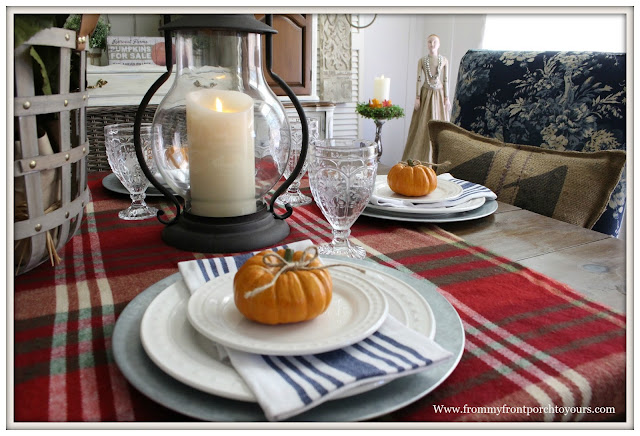 French Farmhouse Style Fall Dining Room-Pumpkins-Table Setting-Blanket Table Runner-From My Front Porch To Yours