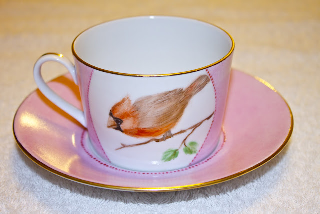 china, porcelain, tea cup, hand painted, birds, cardinal