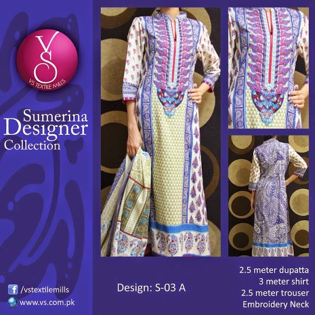 Sumerina Designer Embroidered Kurta Shalwar 2015 For Girls By VS Textiles