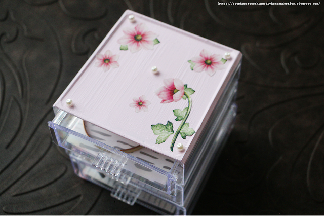 Three drawer organizer painted pink top with floral and craft pearl bead design