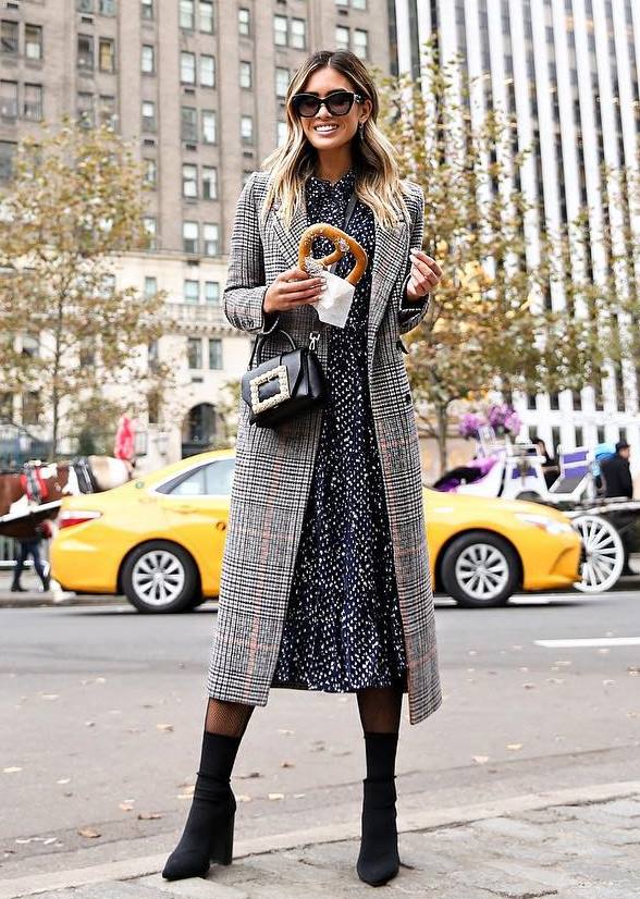 fall fashion trends / dress + plaid coat + boots + bag