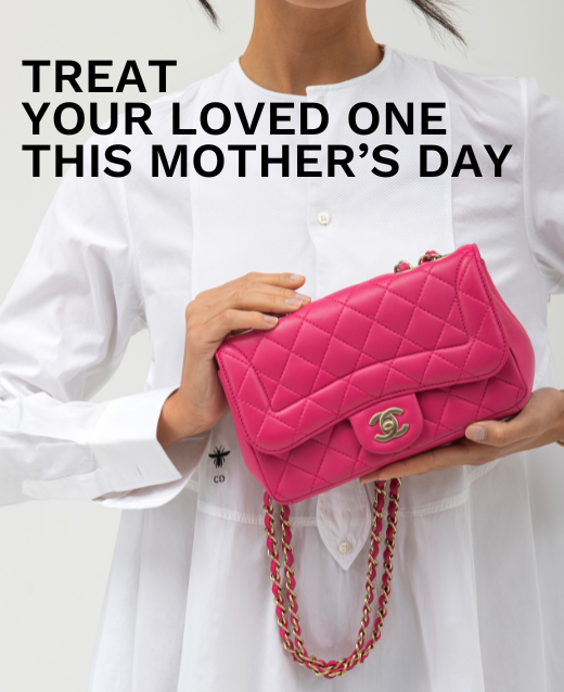 Photo of model in white Christian Dior dress holding a hot pink Chanel Single Flap Bag. Printed text over image which reads treat your loved one this Mother’s Day