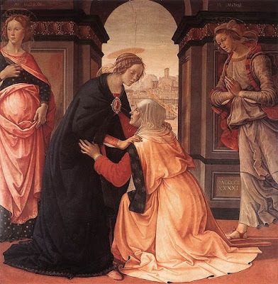 quadro da visitação de Maria à Isabel por Ghirlandaio. No quadro Isabel se ajoelha e Maria a acolhe