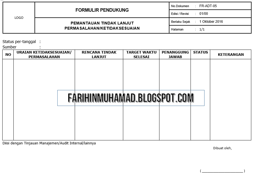 Contoh Form Pendukung SOP Audit Internal - Farihin's Blog