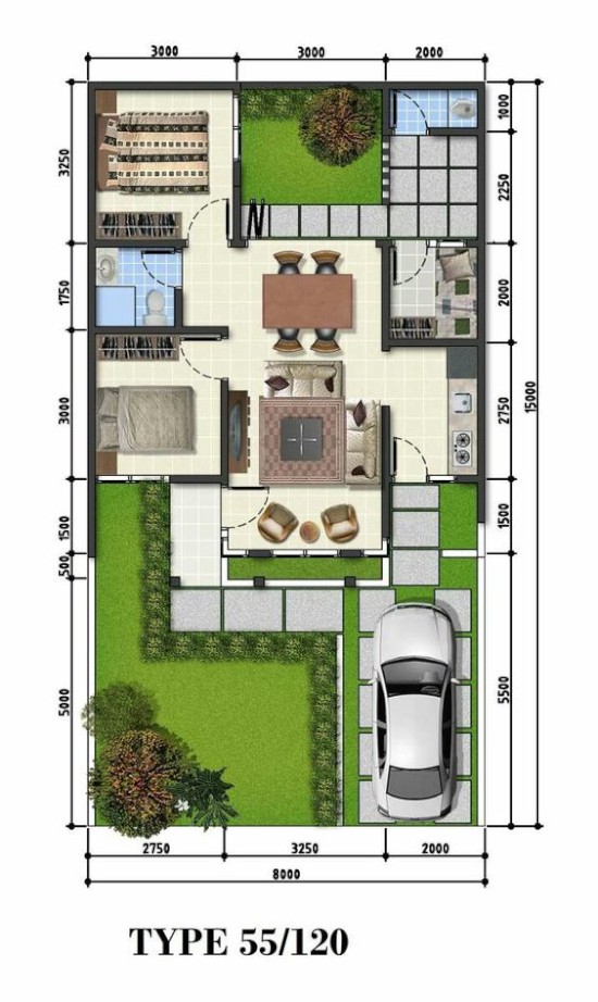 20 desain inspiratif denah rumah  minimalis  dengan lebar 7 dan  8 meter 1 lantai 1000 