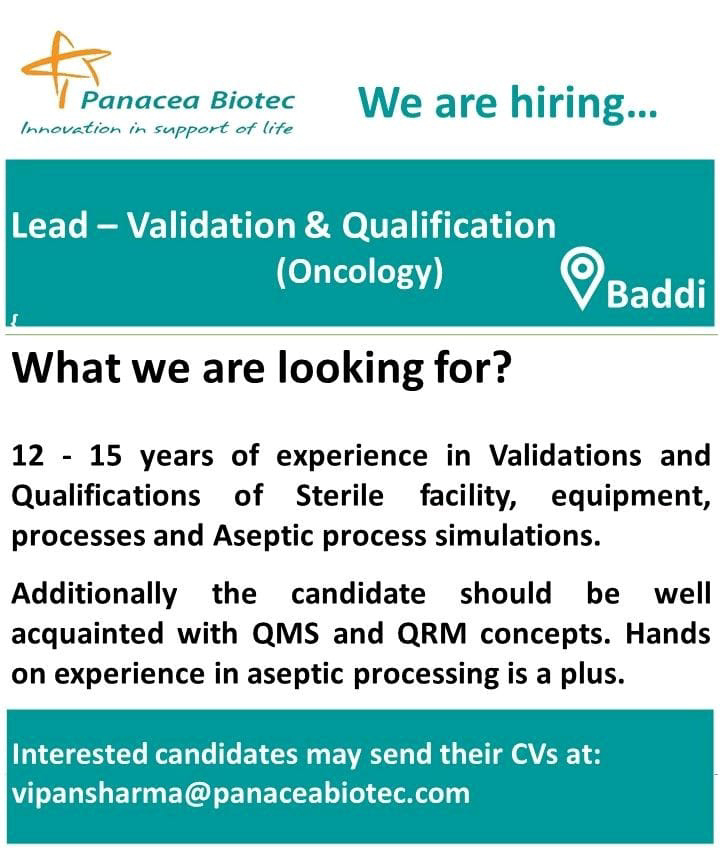 Job Available's for Panacea Biotech Job Vacancy for Lead - Validation & Qualification (Oncology)