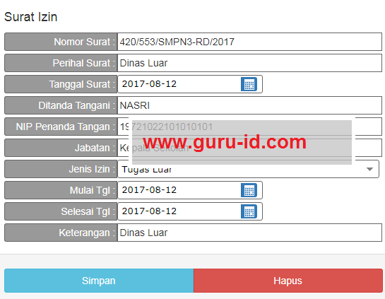 gambar cara pengisian input surat izin di absen kehadiran guru