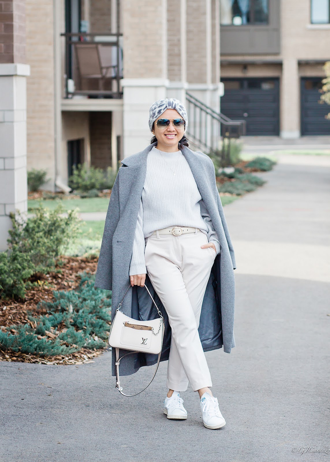 Uniqlo Long Coat | Uniqlo Light Gray Sweater | HM Pants | Louis Vuitton Marelle in Quartz Epi Leather | Adidas Stan Smith | Winter Fashion | Petite Outfit