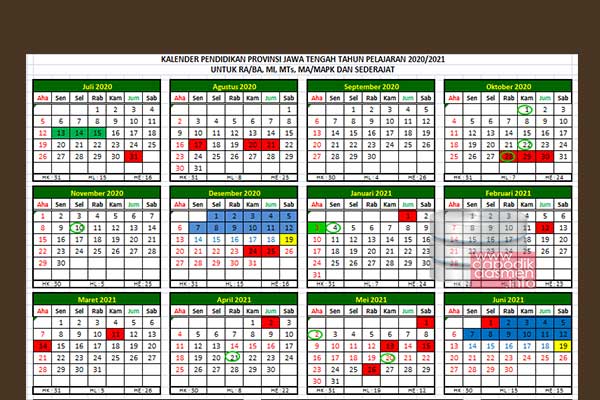 Kalender Pendidikan Madrasah Jawa Tengah Tahun Pelajaran 2020-2021 merupakan Kalender Pendidikan Provinsi Jawa Tengah 2020/2021 besutan Kanwil Kemenag Jateng untuk RA dan Madrasah