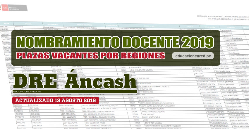 DRE Áncash: Plazas Vacantes para Nombramiento Docente 2019 (.PDF ACTUALIZADO MARTES 13 AGOSTO) www.dreancash.gob.pe