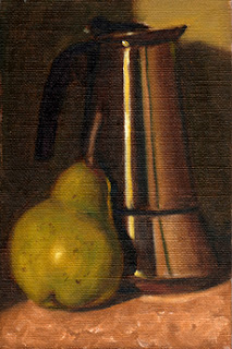 Oil painting of a green pear beside a stainless steel coffee percolator.