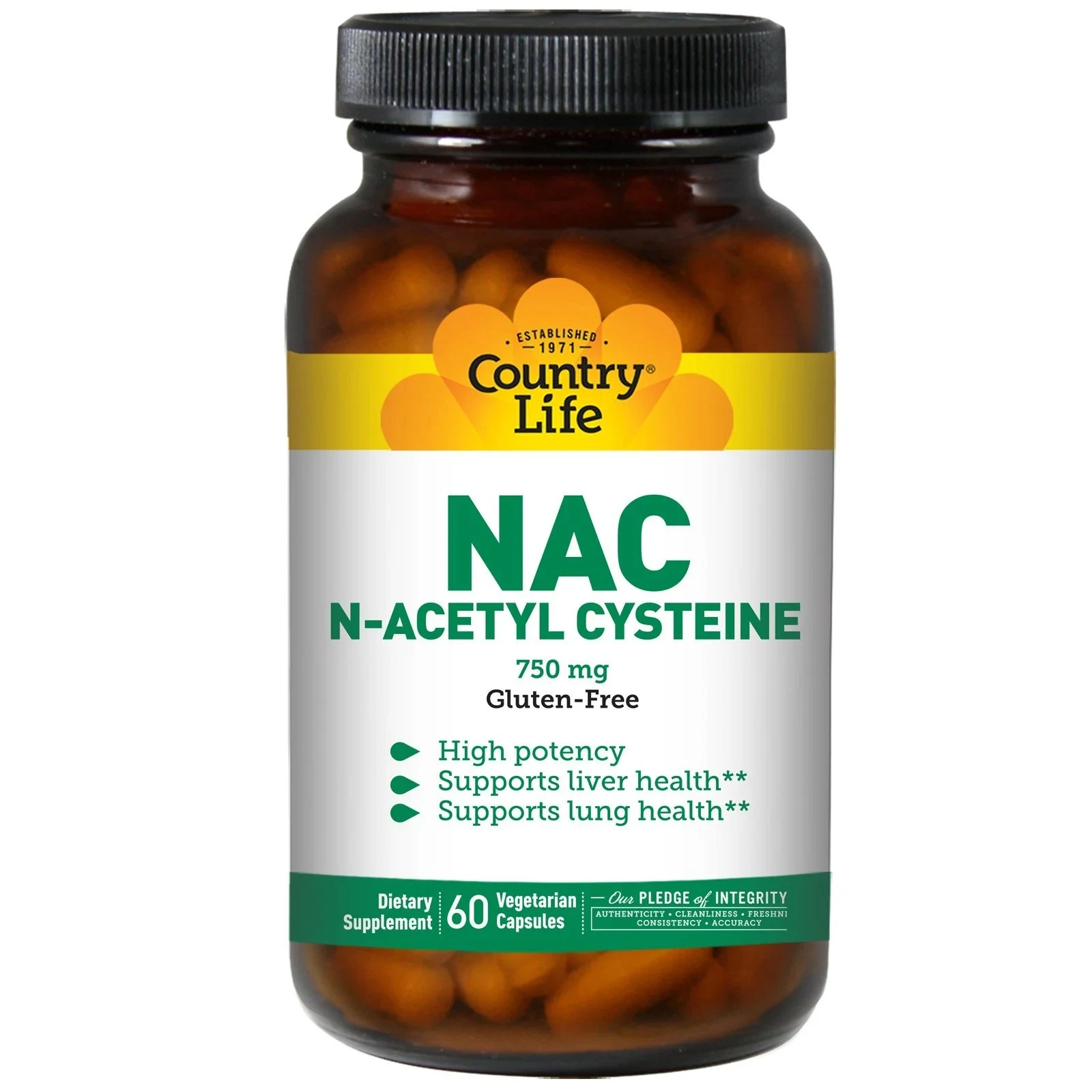 Country Life, NAC, N-ацетилцистеин, 750 мг, 60 растительных капсул