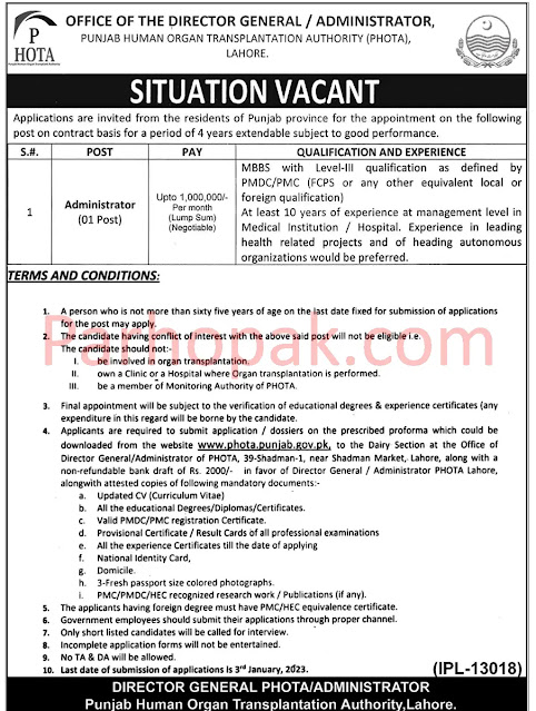 Punjab Human Organ Transplantation Authority December Jobs 2022 Latest