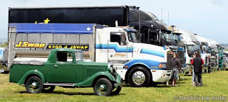 In front is a 1938 Bedford ASXC - Mitre 10 Mega Ride in a Truck Day, raising funds for Trucking for Hawke's Bay Child Cancer Charitable Trust, at the ENZA/Turners and Growers grounds at Whakatu. photograph