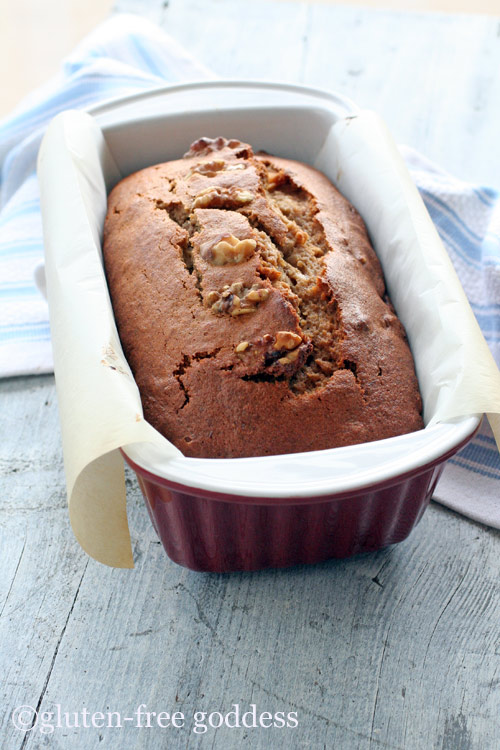 Warm from the oven, beautiful loaf of Gluten-Free Banana Nut Bread