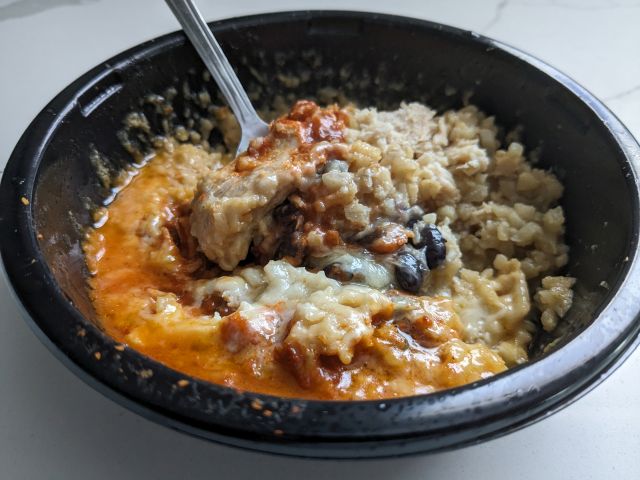 Close-up of Real Good Foods' Chicken Burrito Bowl.