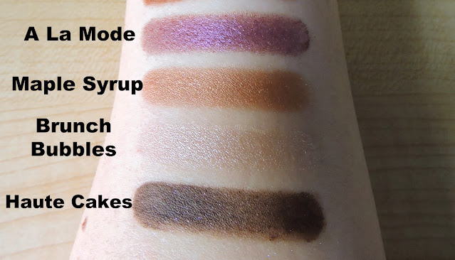 Swatches of A La Mode – Light Violet, Metallic finish, Maple Syrup – Russet Brown, Metallic finish, Brunch Bubbles – Pink Champagne with silver shimmer, Haute Cakes – Hickory Brown, Matte finish on Ultima Beauty’s arm