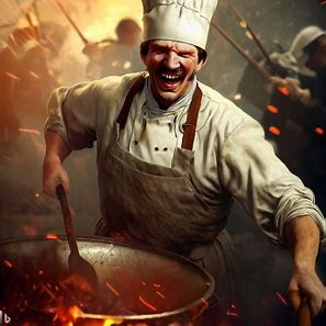 middle age, cook, battle action, hyper realism