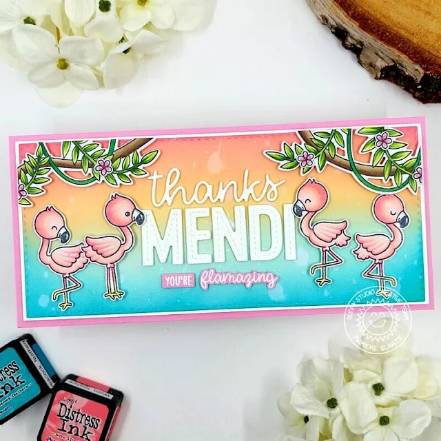 Sunny Studio Stamps: Fabulous Flamingos Card by Marieke Slaats (featuring Thank You Word Dies, Tropical Scenes)